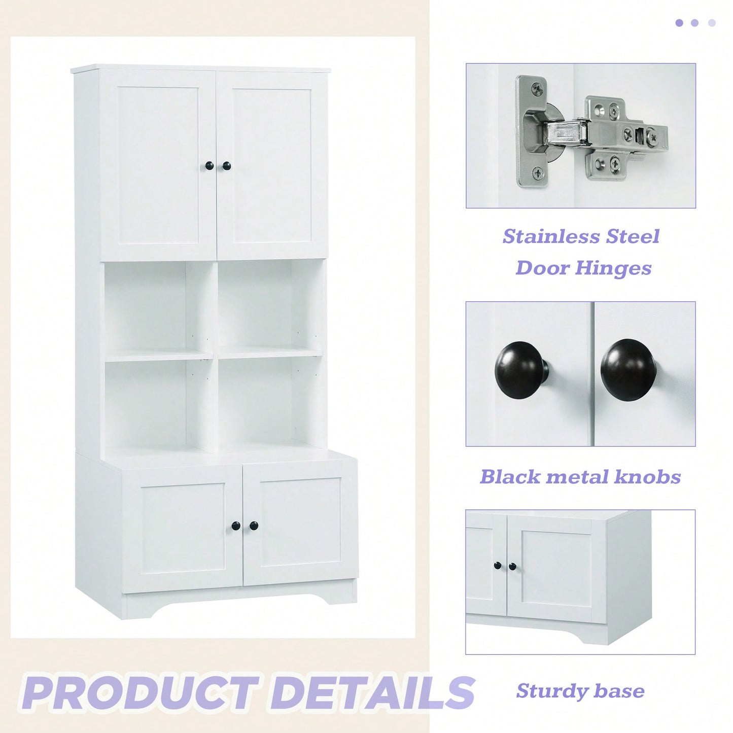 Tall White Freestanding Bathroom Storage Cabinet With 4 Doors Adjustable Shelves And Open Multi-Layer Design