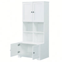 Tall White Freestanding Bathroom Storage Cabinet With 4 Doors Adjustable Shelves And Open Multi-Layer Design