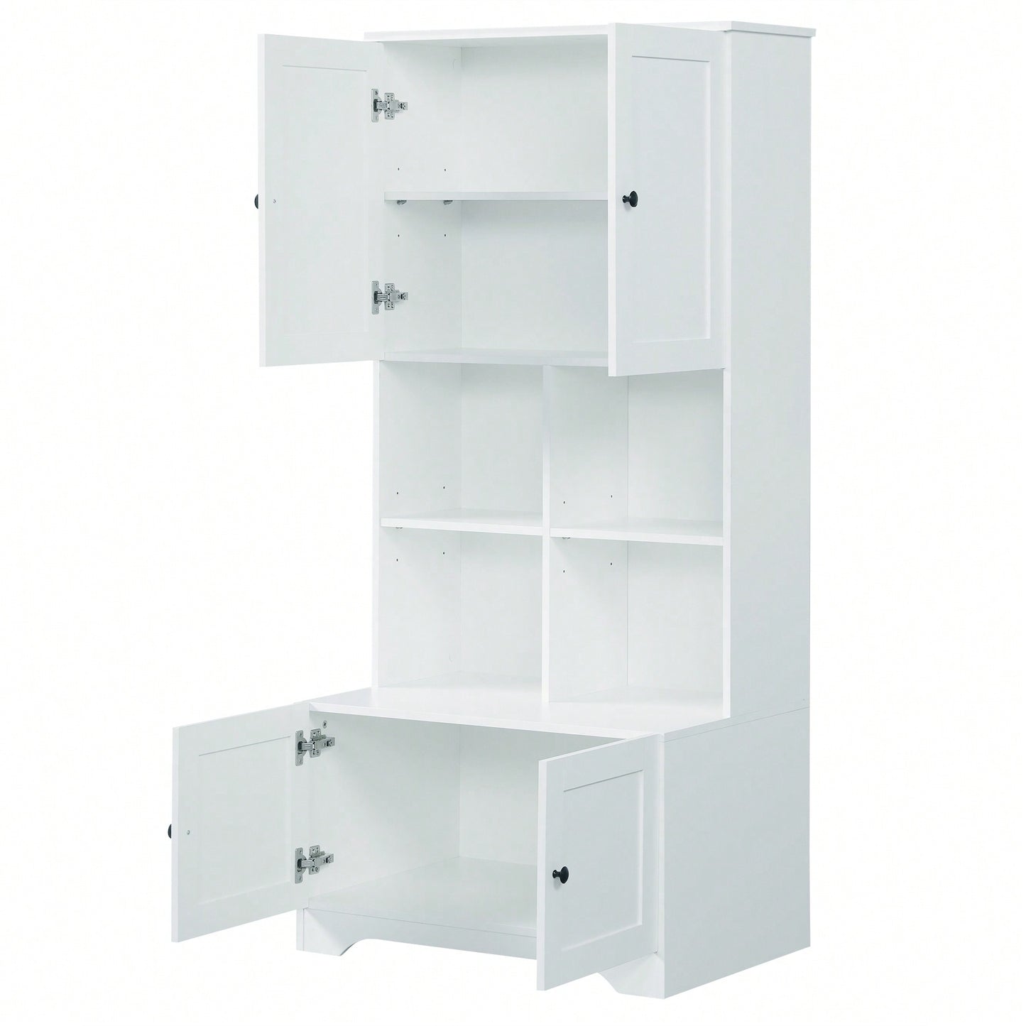 Tall White Freestanding Bathroom Storage Cabinet With 4 Doors Adjustable Shelves And Open Multi-Layer Design