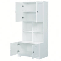 Tall White Freestanding Bathroom Storage Cabinet With 4 Doors Adjustable Shelves And Open Multi-Layer Design