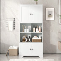 Tall White Freestanding Bathroom Storage Cabinet With 4 Doors Adjustable Shelves And Open Multi-Layer Design