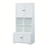 Tall White Freestanding Bathroom Storage Cabinet With 4 Doors Adjustable Shelves And Open Multi-Layer Design