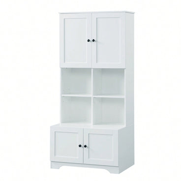 Tall White Freestanding Bathroom Storage Cabinet With 4 Doors Adjustable Shelves And Open Multi-Layer Design