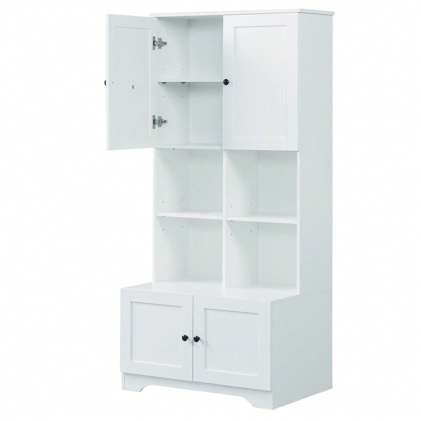 Tall White Freestanding Bathroom Storage Cabinet With 4 Doors Adjustable Shelves And Open Multi-Layer Design