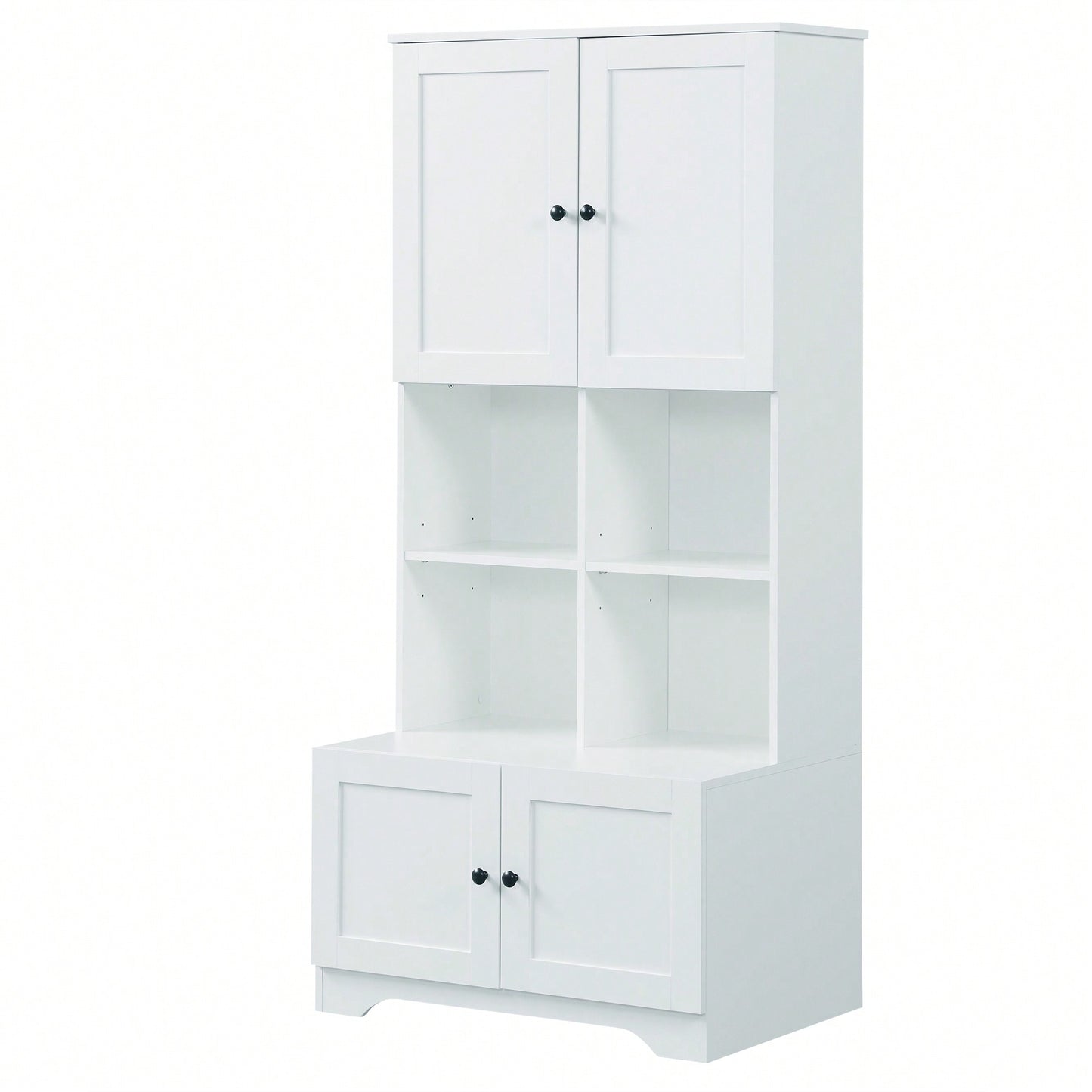 Tall White Freestanding Bathroom Storage Cabinet With 4 Doors Adjustable Shelves And Open Multi-Layer Design