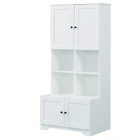 Tall White Freestanding Bathroom Storage Cabinet With 4 Doors Adjustable Shelves And Open Multi-Layer Design