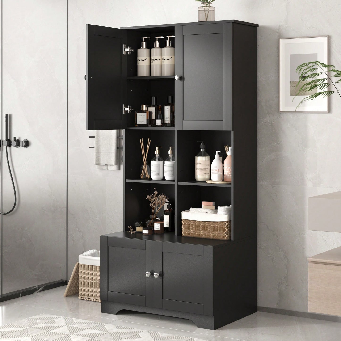 Tall White Freestanding Bathroom Storage Cabinet With 4 Doors Adjustable Shelves And Open Multi-Layer Design