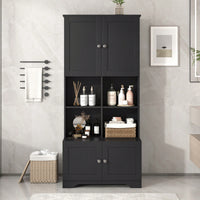 Tall White Freestanding Bathroom Storage Cabinet With 4 Doors Adjustable Shelves And Open Multi-Layer Design