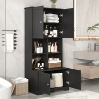 Tall White Freestanding Bathroom Storage Cabinet With 4 Doors Adjustable Shelves And Open Multi-Layer Design