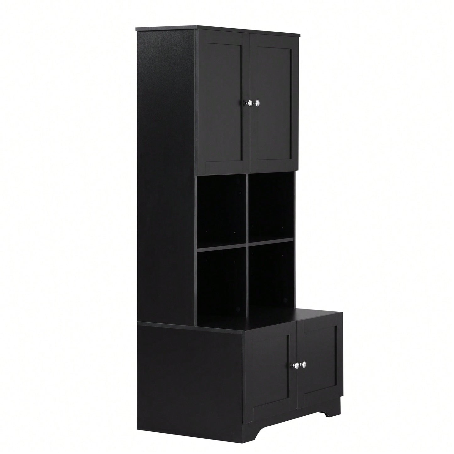 Tall White Freestanding Bathroom Storage Cabinet With 4 Doors Adjustable Shelves And Open Multi-Layer Design