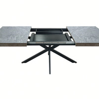 Retro Rectangular Stretch Dining Table With Dark Grey Stone Top And Black Relief Plate, Stylish Iron Cross Base And Convenient Storage Box