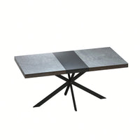 Retro Rectangular Stretch Dining Table With Dark Grey Stone Top And Black Relief Plate, Stylish Iron Cross Base And Convenient Storage Box