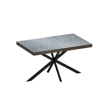 Retro Rectangular Stretch Dining Table With Dark Grey Stone Top And Black Relief Plate, Stylish Iron Cross Base And Convenient Storage Box