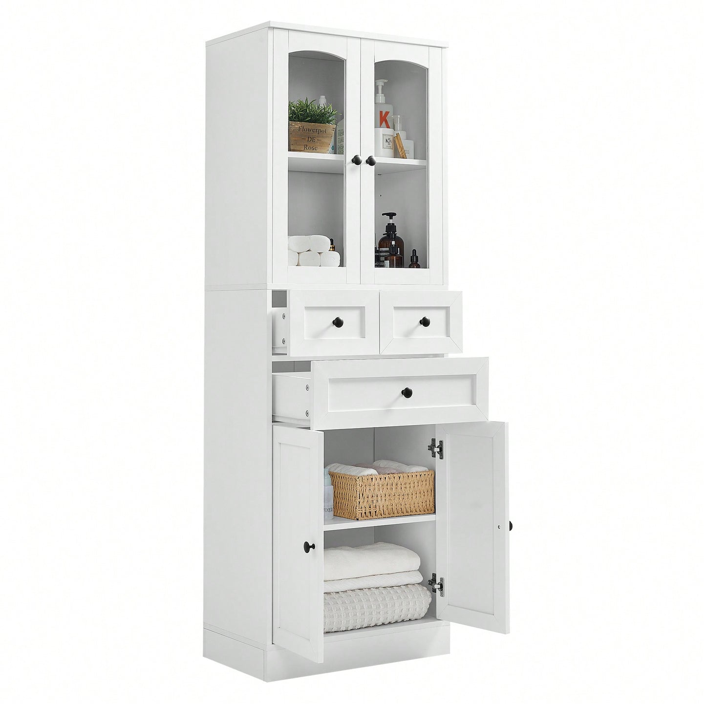 Elegant White Bathroom Storage Cabinet With Four Doors And Drawers Adjustable Shelves MDF Design