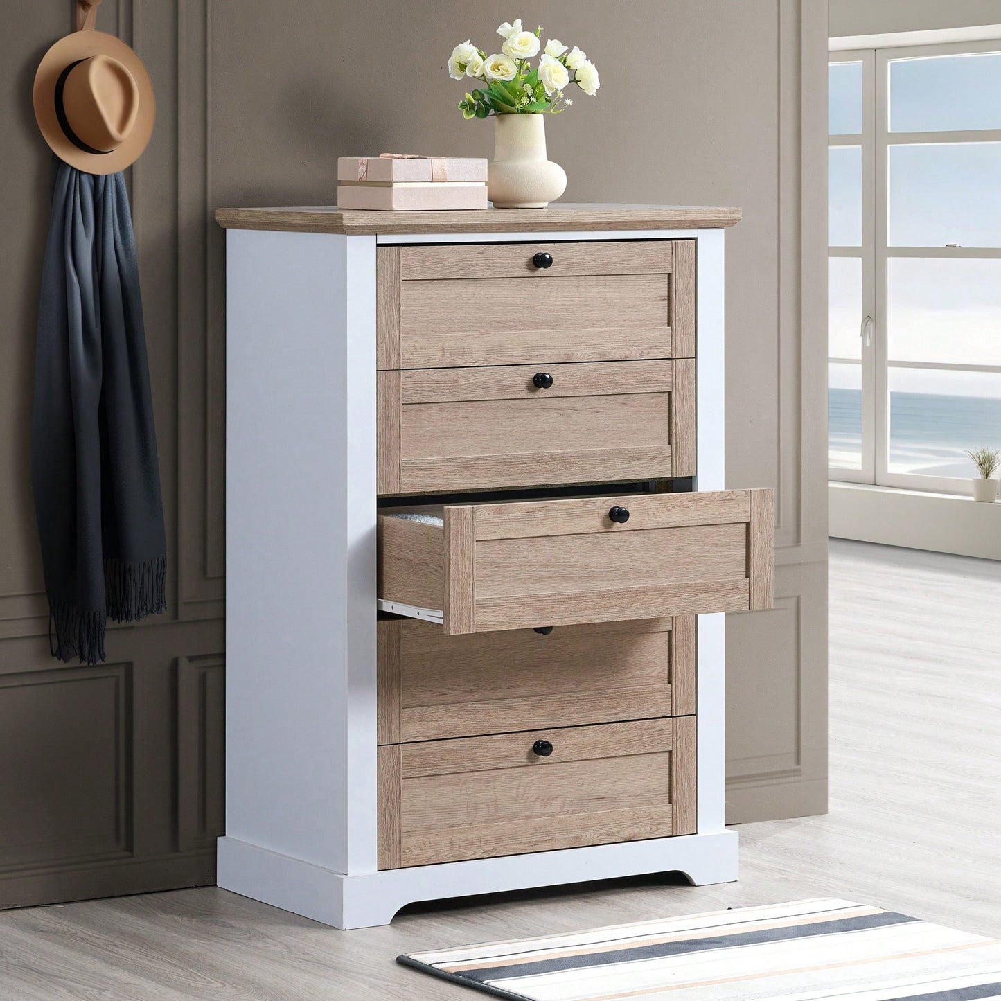 5 Drawer Tall Chest With Interlock Drawer Feature For Bedroom Clothes Organization Easy Assembly White Oak Finish