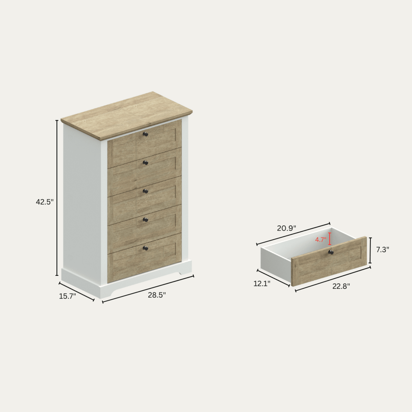 5 Drawer Tall Chest With Interlock Drawer Feature For Bedroom Clothes Organization Easy Assembly White Oak Finish