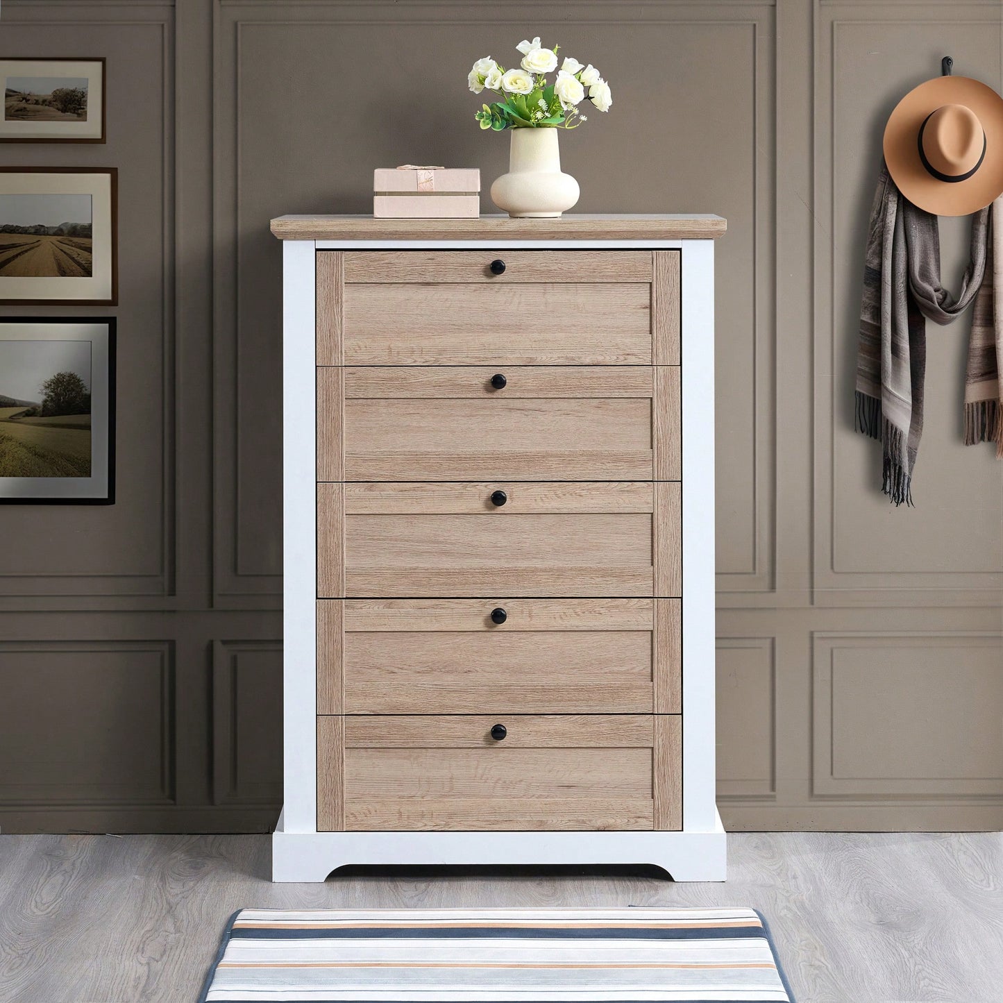 5 Drawer Tall Chest With Interlock Drawer Feature For Bedroom Clothes Organization Easy Assembly White Oak Finish