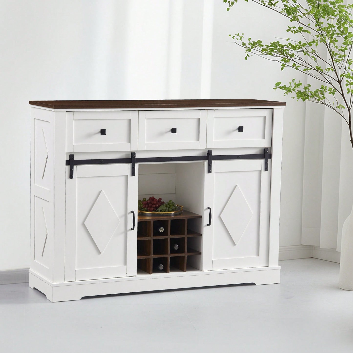 Rustic Farmhouse Buffet Cabinet With Sliding Barn Door, Storage Sideboard With 2 Doors And 3 Drawers For Dining Room And Living Room