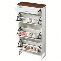 Slim Shoe Storage Cabinet with 3 Flip Drawers and 1 Drawer for Entryway Hallway Narrow Organizer White Walnut Finish