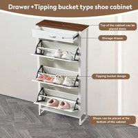 Slim Shoe Storage Cabinet with 3 Flip Drawers and 1 Drawer for Entryway Hallway Narrow Organizer White Walnut Finish