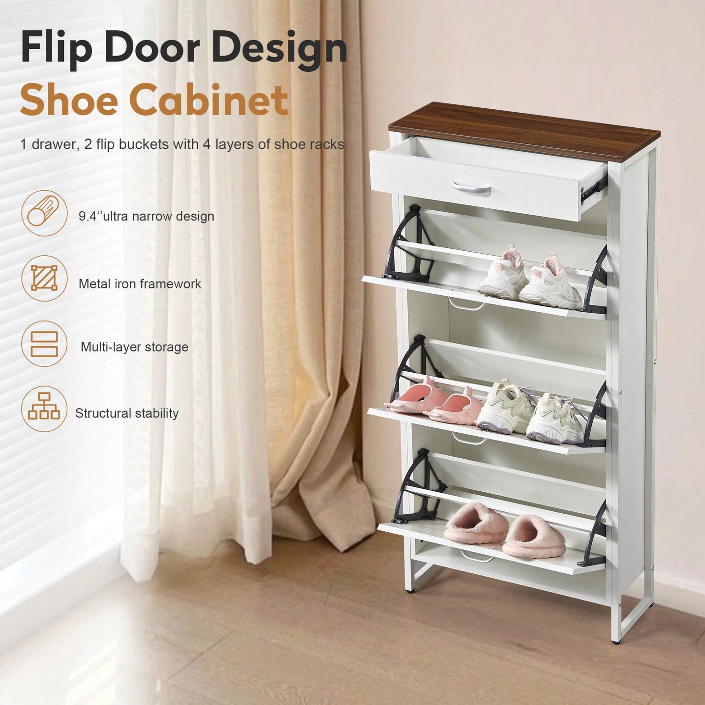 Slim Shoe Storage Cabinet with 3 Flip Drawers and 1 Drawer for Entryway Hallway Narrow Organizer White Walnut Finish