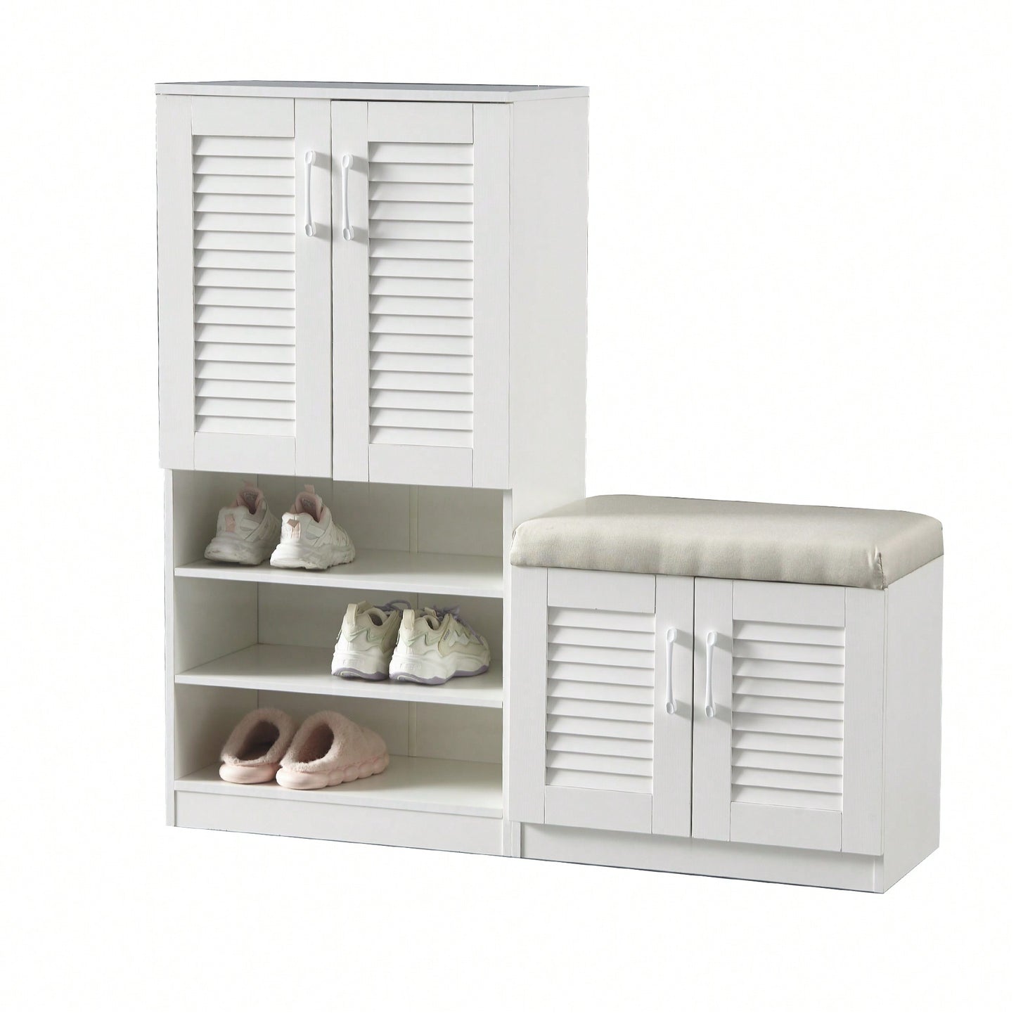 Versatile Shoe Storage Cabinet with Bench Adjustable Shelves Cushioned Entryway Shoe Bench Freestanding Rack for Hallway White Finish