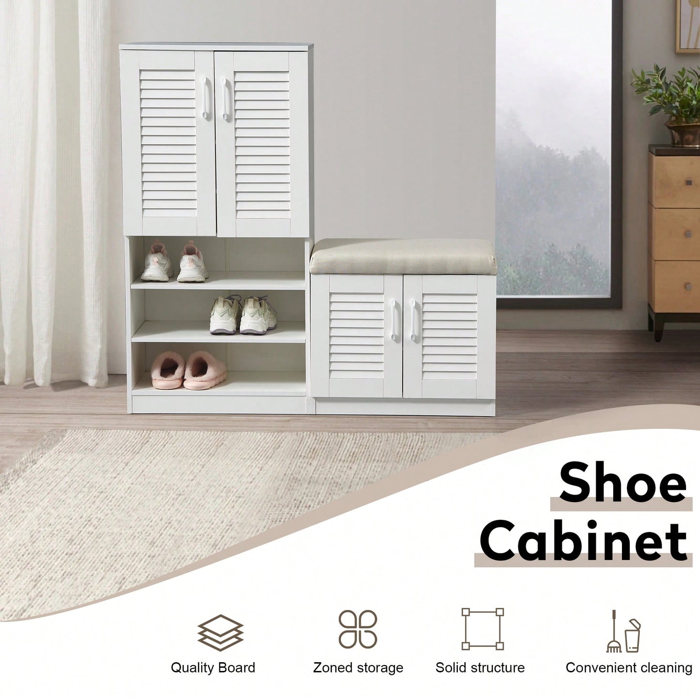 Versatile Shoe Storage Cabinet with Bench Adjustable Shelves Cushioned Entryway Shoe Bench Freestanding Rack for Hallway White Finish