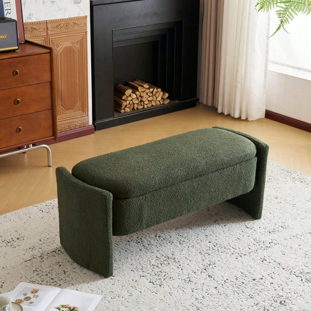 Elegant Long Storage Ottoman Bench In Boucle Fabric With Simple Grand Design In White