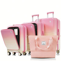 4-Piece Expandable Hard Shell Luggage Set with USB Port Front Opening Airline Approved Carry-On and Cup Holder in Blue