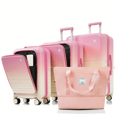 4-Piece Expandable Hard Shell Luggage Set with USB Port Front Opening Airline Approved Carry-On and Cup Holder in Blue