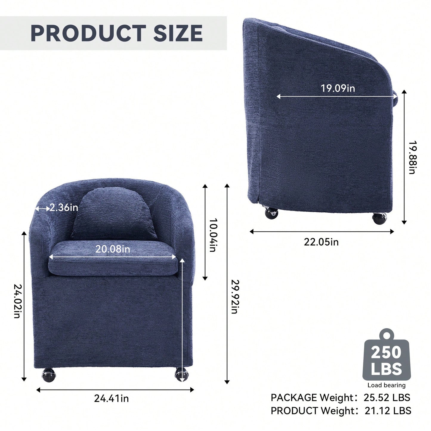 Chenille Fabric Dining Armchair With Back Cushion And Universal Wheels In Beige