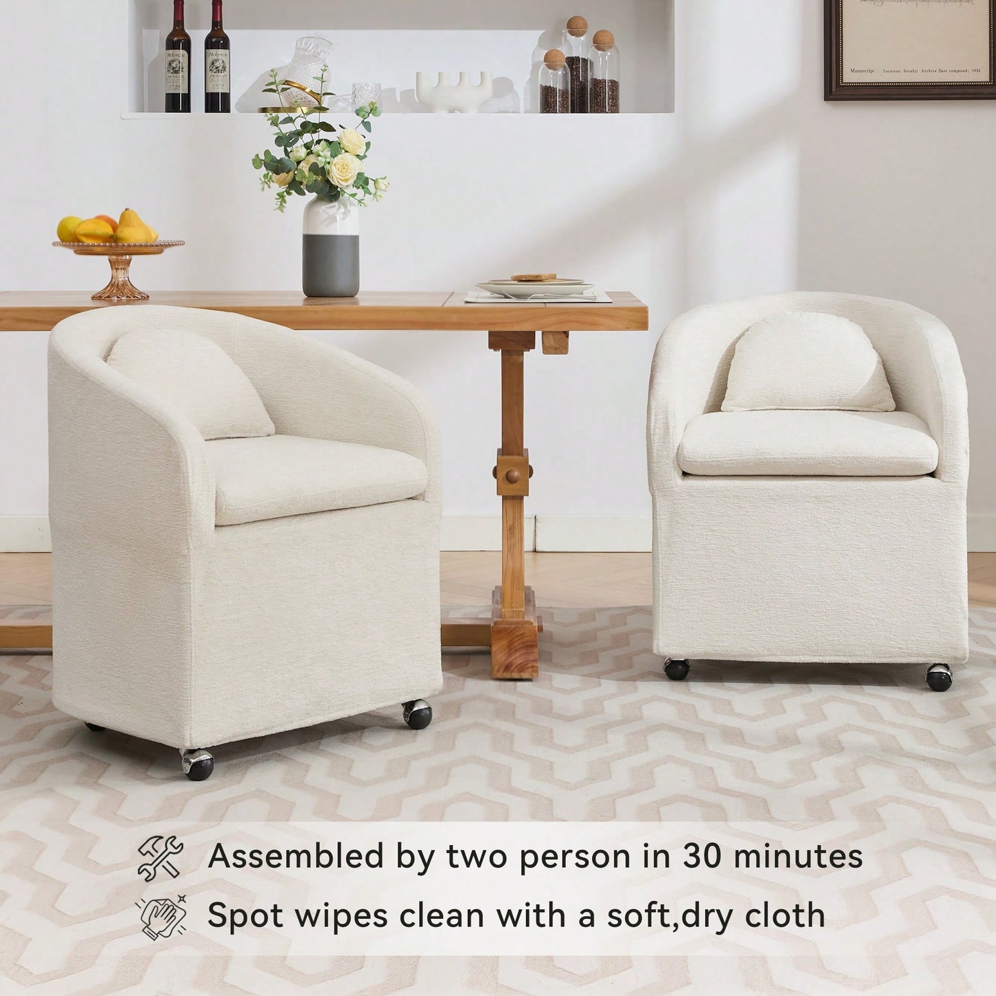 Chenille Fabric Dining Armchair With Back Cushion And Universal Wheels In Beige