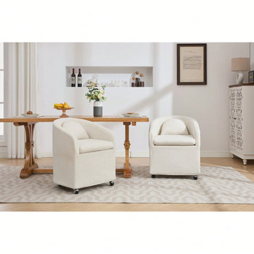 Chenille Fabric Dining Armchair With Back Cushion And Universal Wheels In Beige