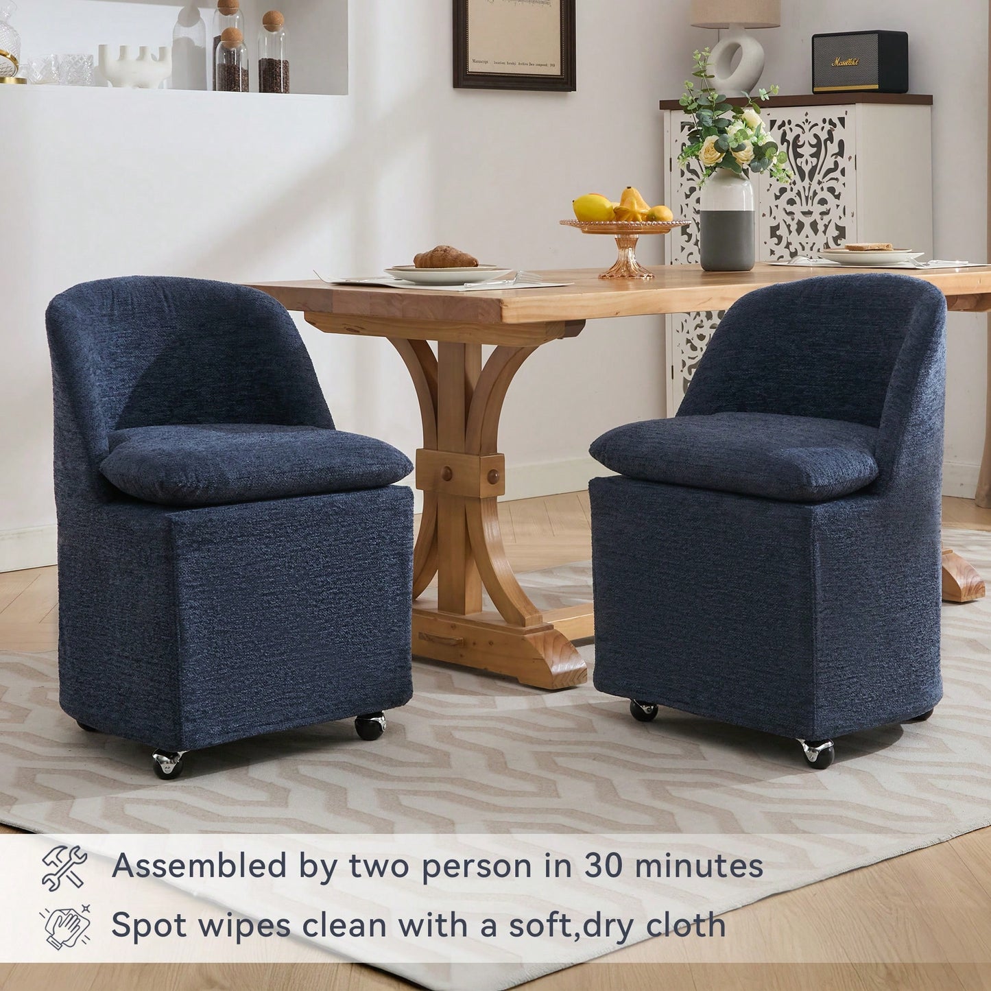 Set Of 2 Beige Chenille Dining Chairs With Universal Wheels For Easy Mobility