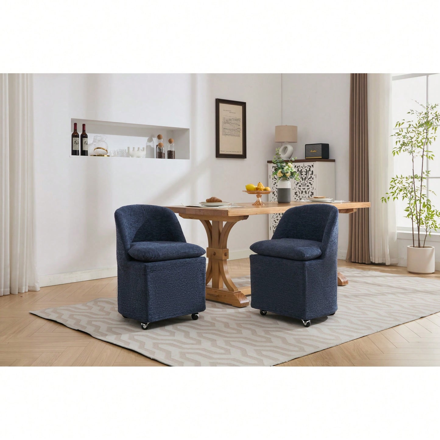 Set Of 2 Beige Chenille Dining Chairs With Universal Wheels For Easy Mobility