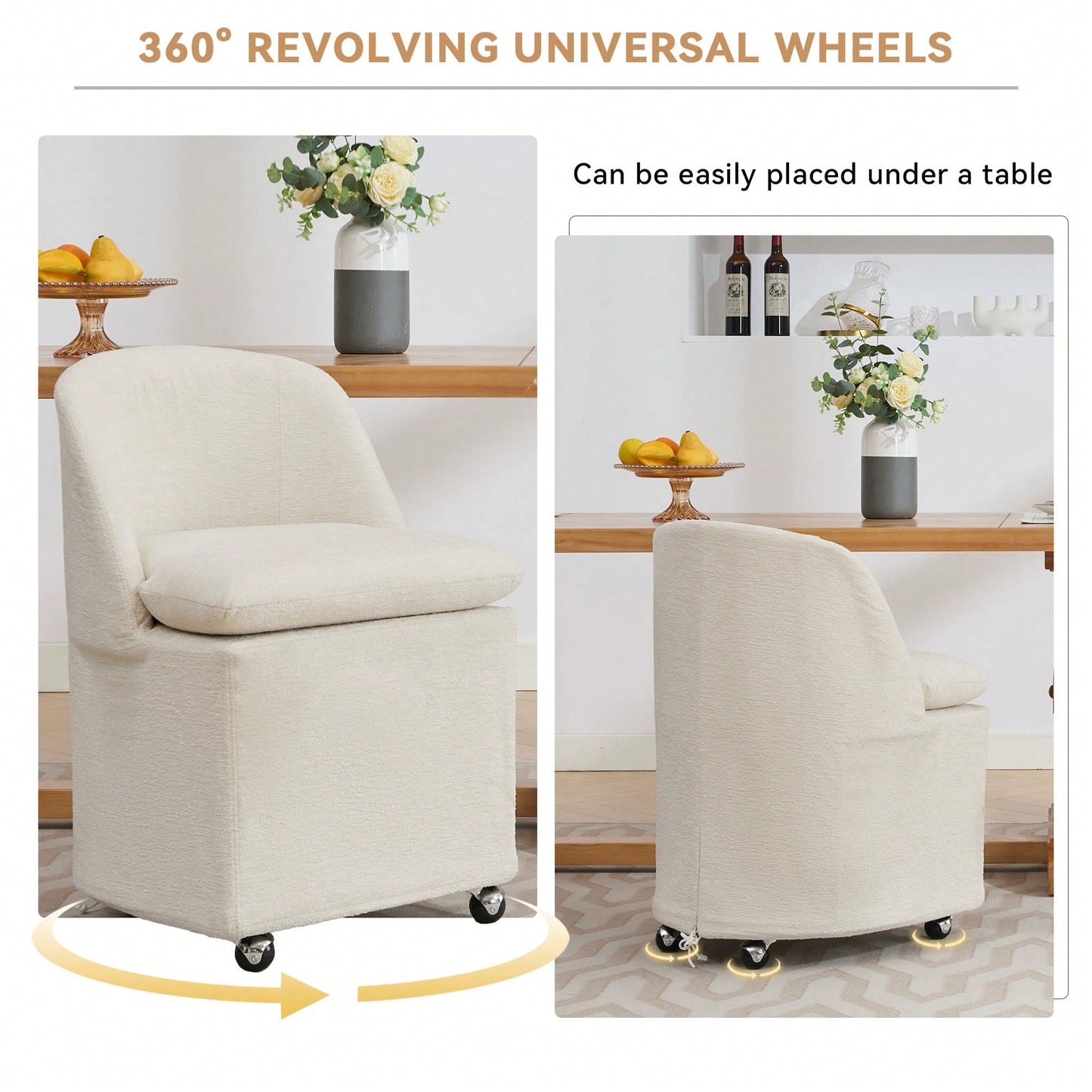 Set Of 2 Beige Chenille Dining Chairs With Universal Wheels For Easy Mobility