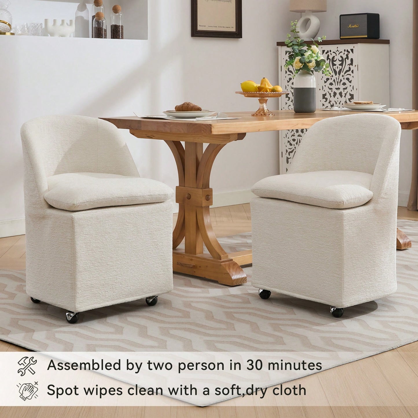 Set Of 2 Beige Chenille Dining Chairs With Universal Wheels For Easy Mobility