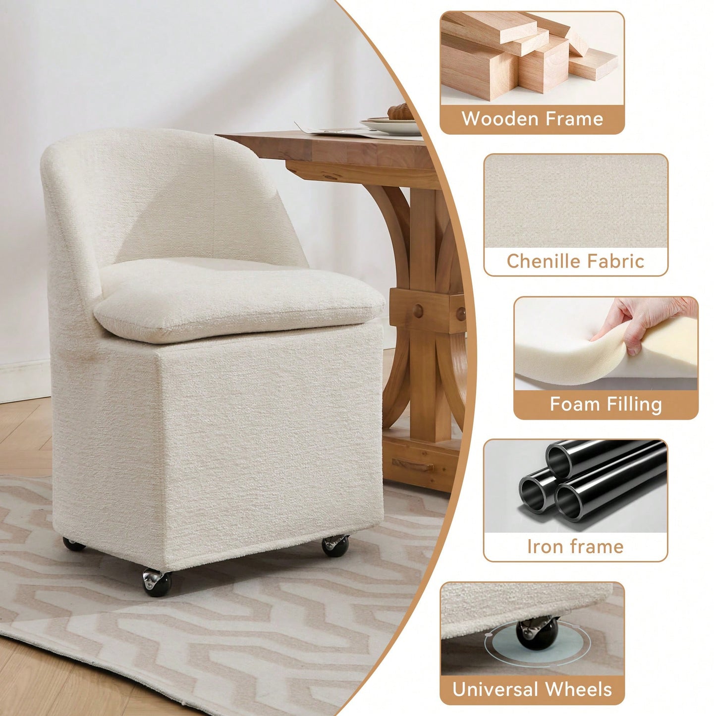 Set Of 2 Beige Chenille Dining Chairs With Universal Wheels For Easy Mobility