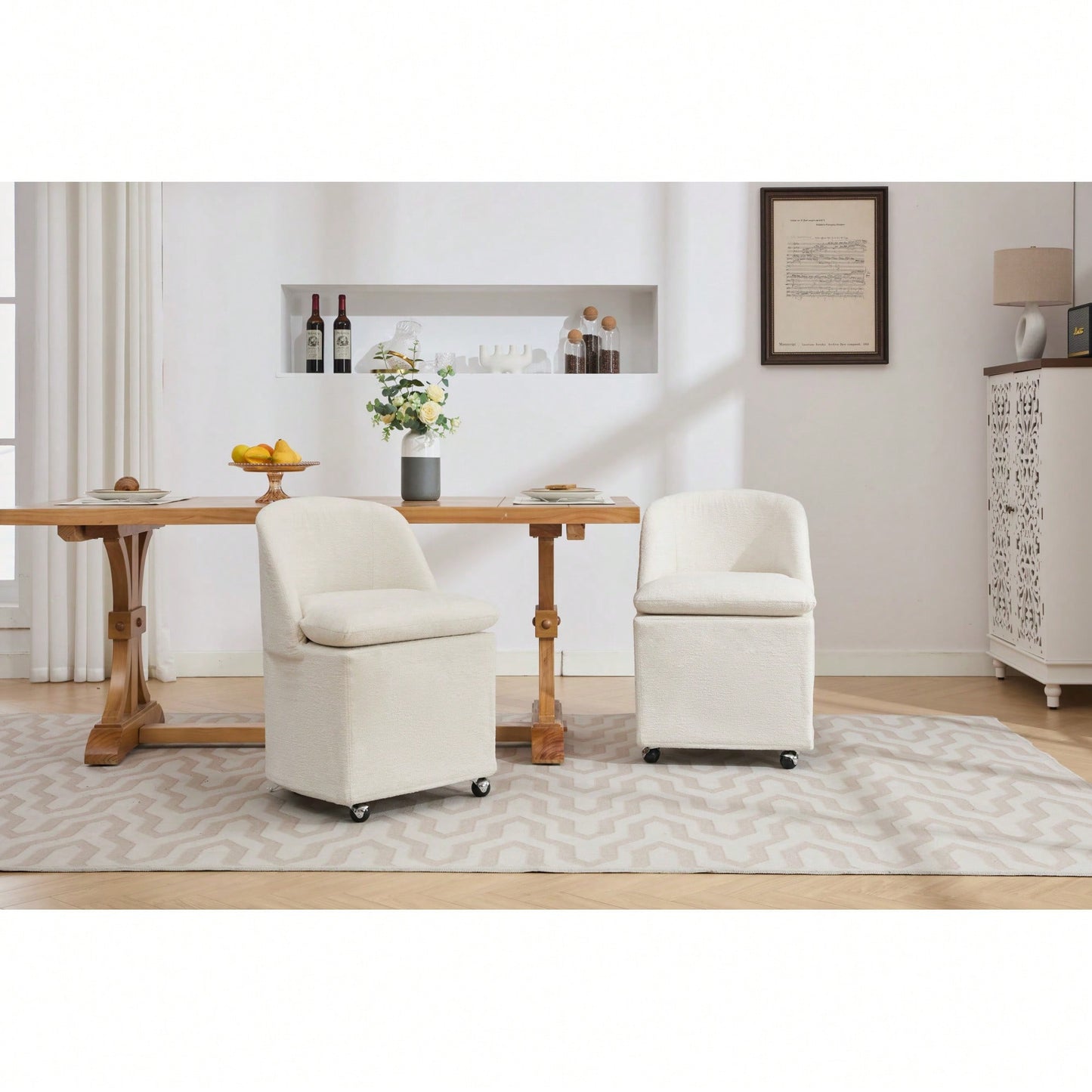 Set Of 2 Beige Chenille Dining Chairs With Universal Wheels For Easy Mobility