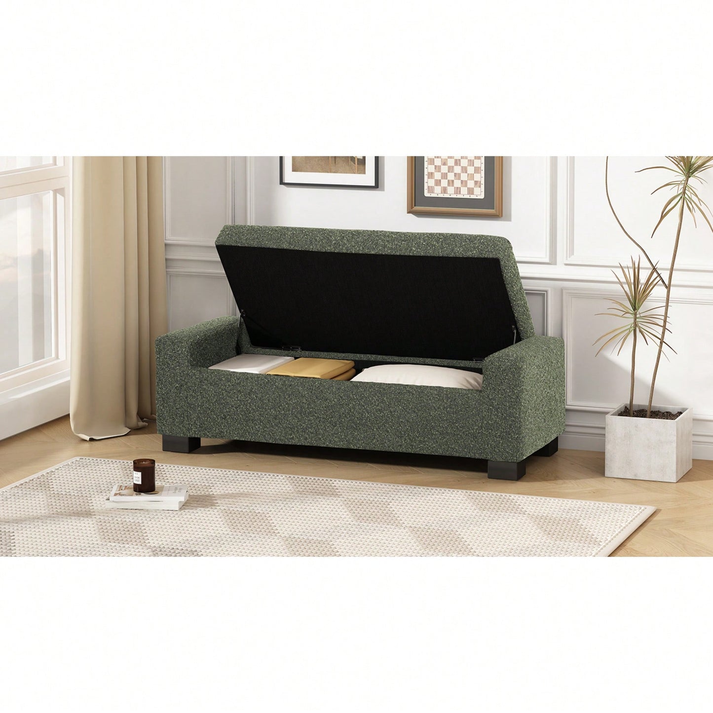 Textured Fabric 50 Inch Rectangular Ottoman Bench With Hinged Lid For Seating Footrest And Hidden Storage Ideal For Living Room