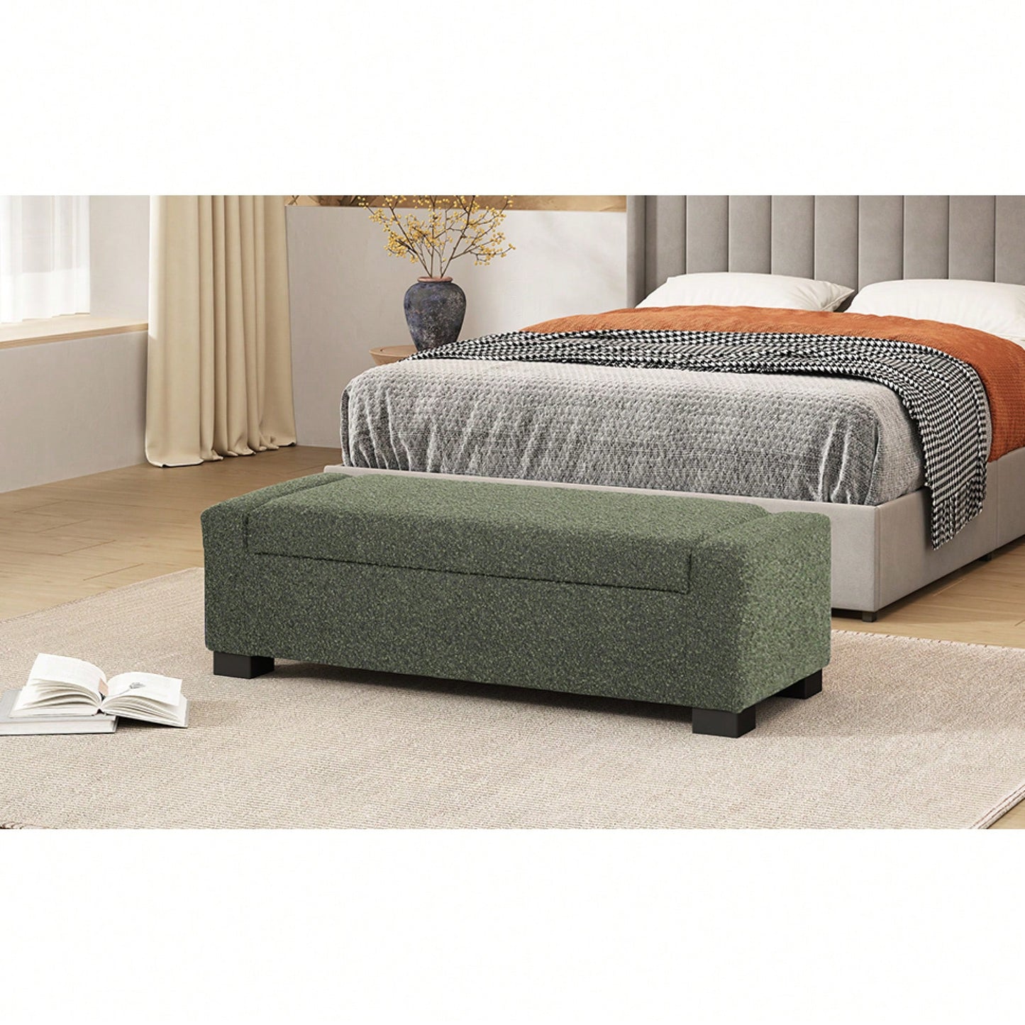 Textured Fabric 50 Inch Rectangular Ottoman Bench With Hinged Lid For Seating Footrest And Hidden Storage Ideal For Living Room