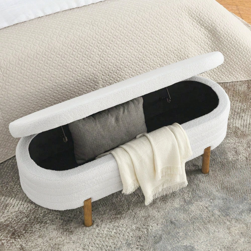 Oval Storage Bench With Rubber Wood Legs 46x17.7x10.8 Inches Beige