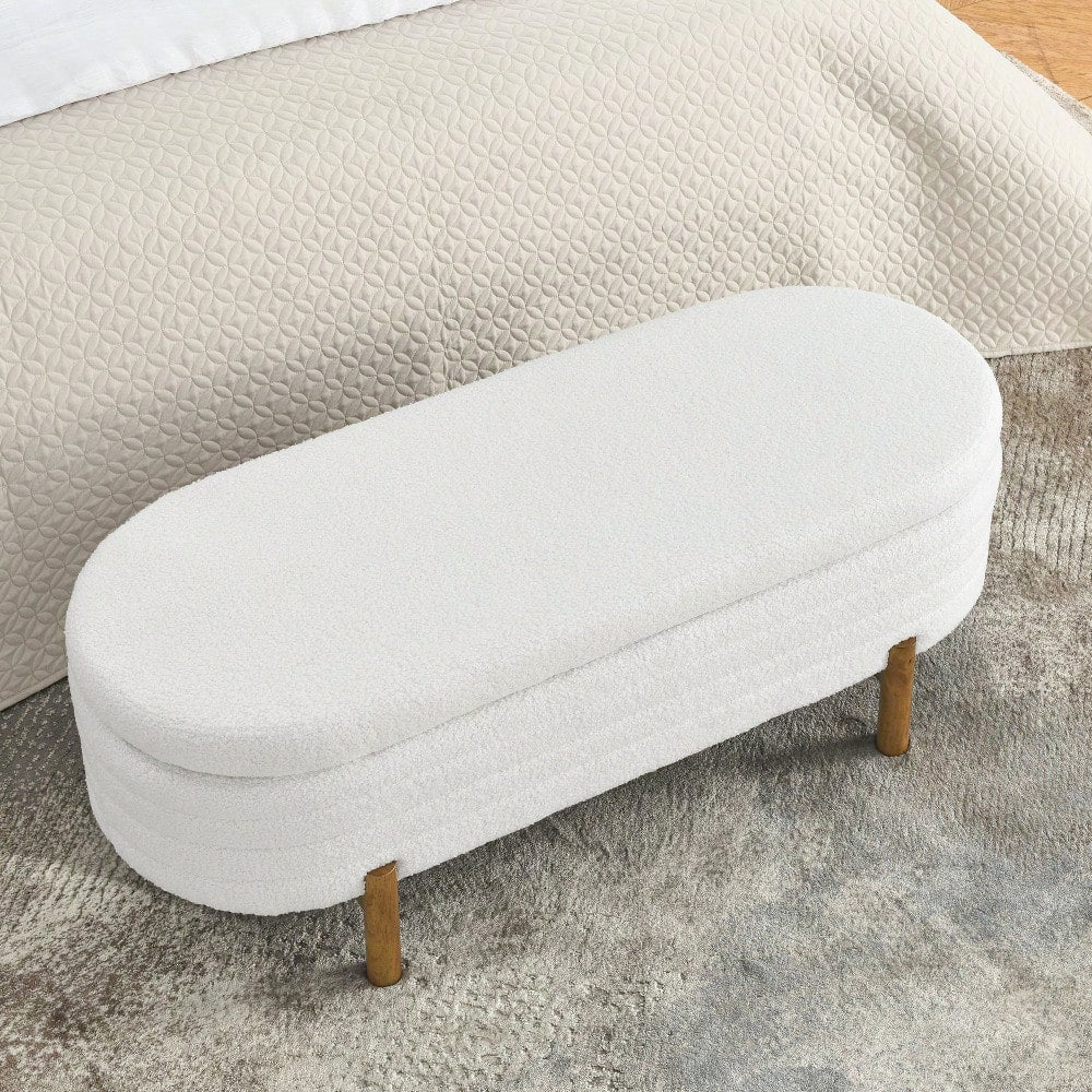 Oval Storage Bench With Rubber Wood Legs 46x17.7x10.8 Inches Beige