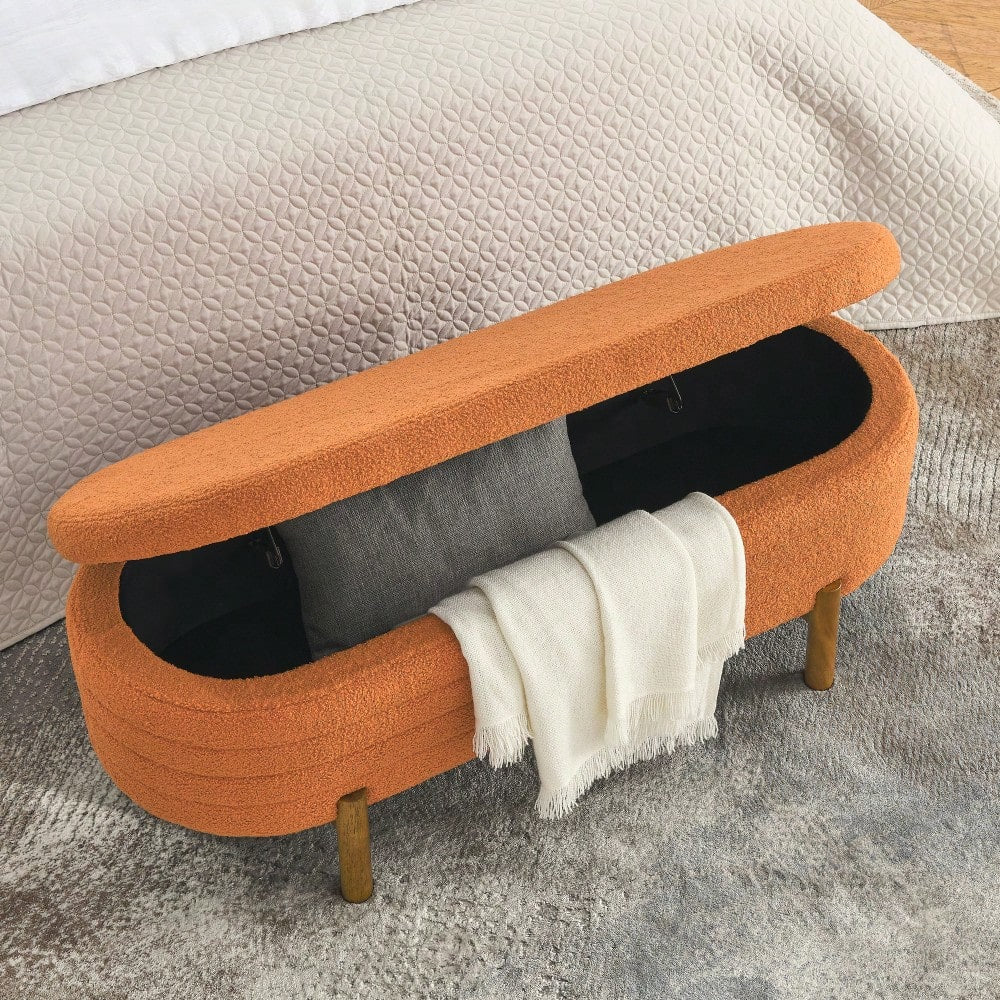 Oval Storage Bench With Rubber Wood Legs 46x17.7x10.8 Inches Beige