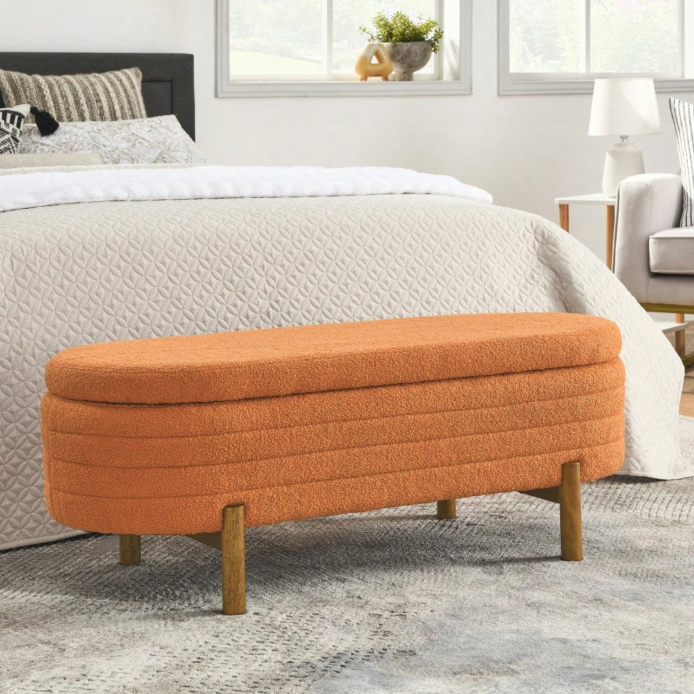 Oval Storage Bench With Rubber Wood Legs 46x17.7x10.8 Inches Beige