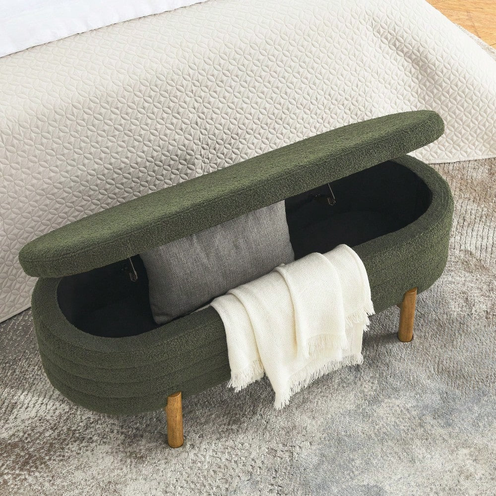 Oval Storage Bench With Rubber Wood Legs 46x17.7x10.8 Inches Beige