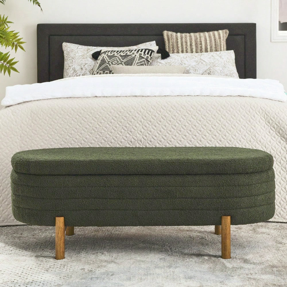 Oval Storage Bench With Rubber Wood Legs 46x17.7x10.8 Inches Beige