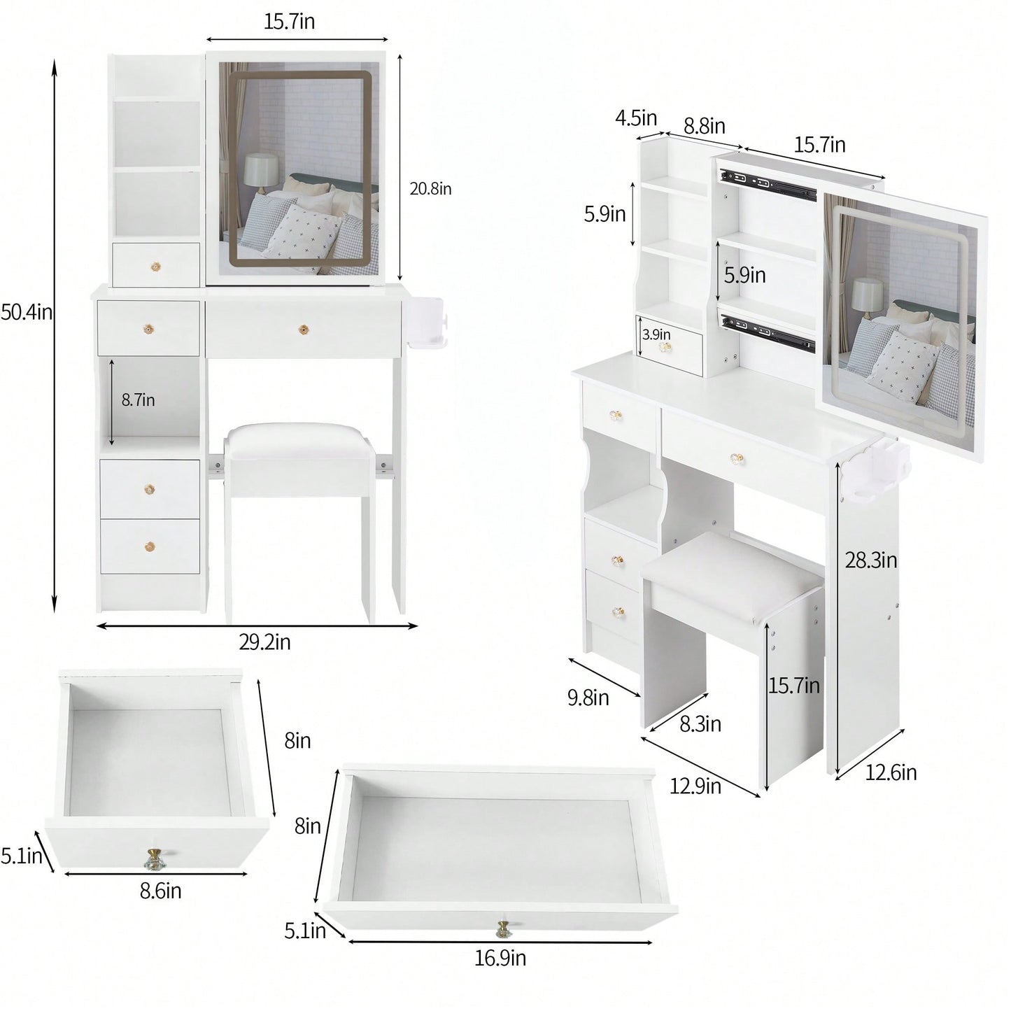 Compact Desktop Vanity Table with Cushioned Stool and Power Station, LED Touch Control Mirror with Tri-Color, Hair Dryer Holder