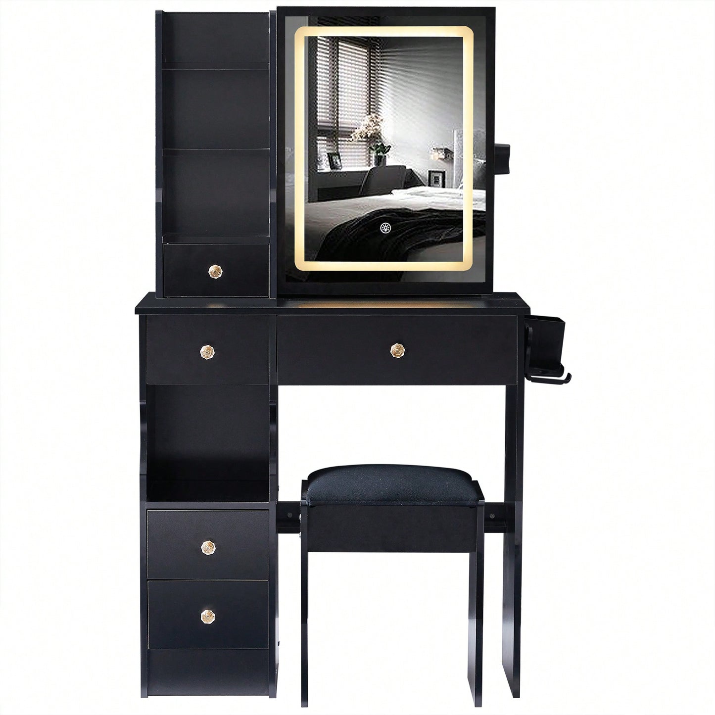 Compact Desktop Vanity Table with Cushioned Stool and Power Station, LED Touch Control Mirror with Tri-Color, Hair Dryer Holder