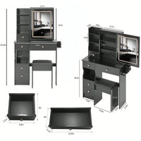 Compact Desktop Vanity Table with Cushioned Stool and Power Station, LED Touch Control Mirror with Tri-Color, Hair Dryer Holder